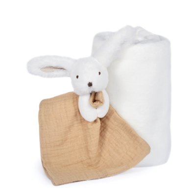 Doudou Geschenkset Glücklicher Hase Plaid und beiger Schmusetuch