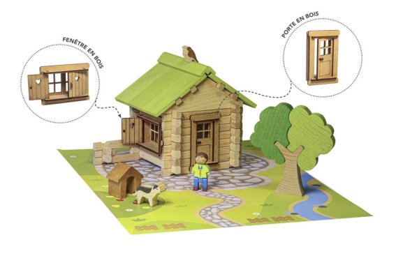Jeujura Jeu de construction en bois 85 pièces Maisonnette en duplex