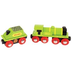 Bigjigs Rail Zelena lokomotiva z vagonom + 3 tirnice