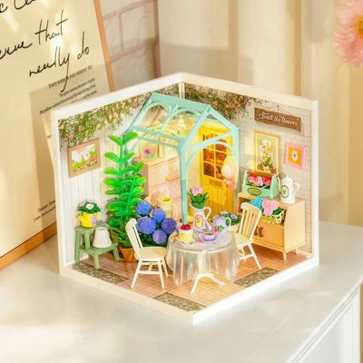 RoboTime 3D Holzpuzzle Miniatur Puppenhaus Teestunde im blühenden Garten