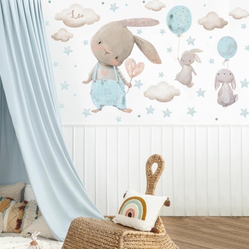 Stickers for the room - Rabbits in a light blue design with balloons