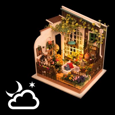 RoboTime Puzzle 3D de madeira Miniatura de casa de bonecas Terraço de jardim