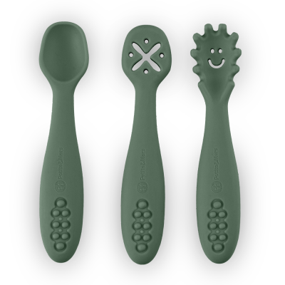 PETITE&MARS Set of 3 silicone training spoons Take&Match Misty Green 6m+