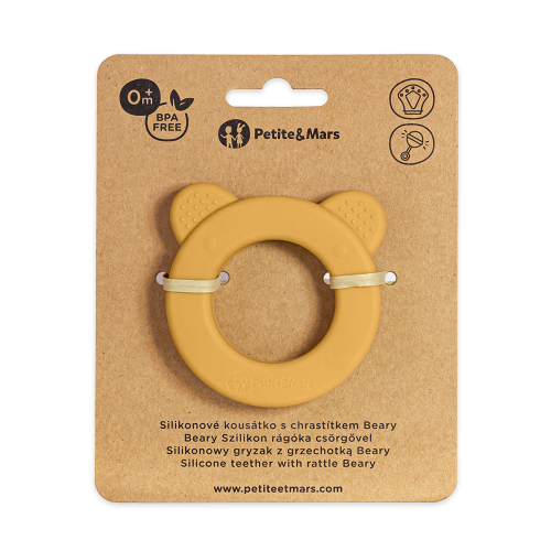 PETITE&MARS Silicone teether with rattle Beary Intense Ocher 0m+