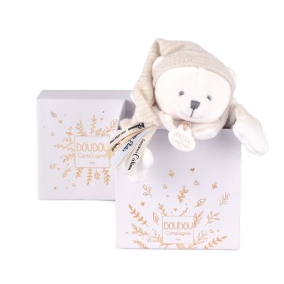 Doudou Coffret Cadeau Peluche d'attache ours avec bonnet beige 25 cm