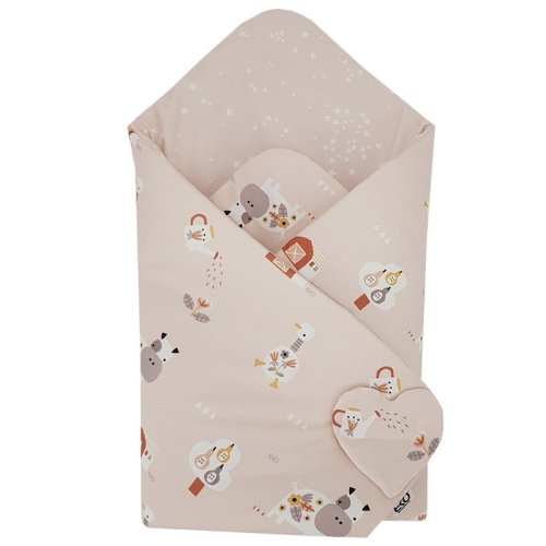 Lange d'emmaillotage en coton double face ECO Ma ferme Rose poudré 75x75 cm