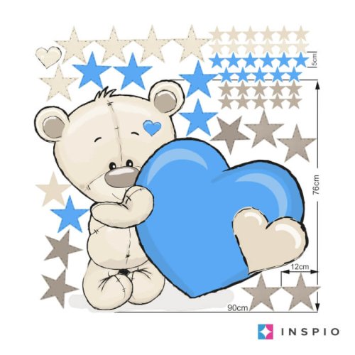 Autocolant de cameră pentru un băiat în albastru - Ursuleț cu nume și inimă