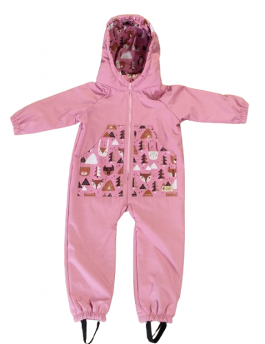 Monkey Mum® Salopetă softshell de iarnă pentru copii cu miel - Oaie roz în pădure - mărime 98/104, 110/116