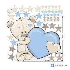 Modrá samolepka na stenu pre deti - Medvedík s menom a srdiečkom