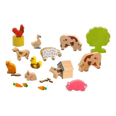 Jeujura Figurines en bois pour kits de construction Animaux de la ferme 20 pièces