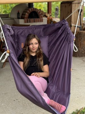 Hängesessel Pflaume HOJDAVAK MAXI mit Kissen - Outdoor-Stoff, Weißes Seil