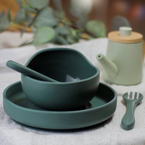 PETITE&MARS TAKE&MATCH dining set silicone 3 pcs Misty Green 6m+