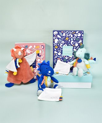 Doudou Zestaw prezentowy - Pluszowy dinozaur z kocykiem 25 cm niebieski