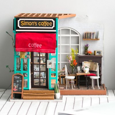 RoboTime 3D Holzpuzzle Miniatur Puppenhaus Café