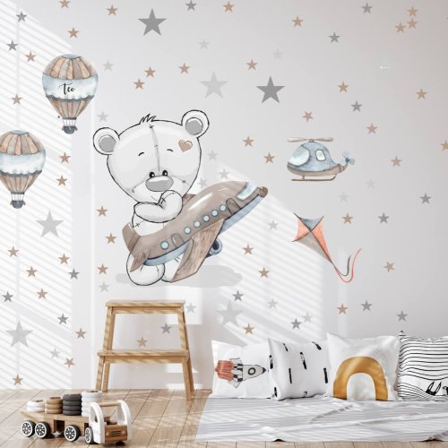 Sticker for boys in the boy's room - Bear with an airplane