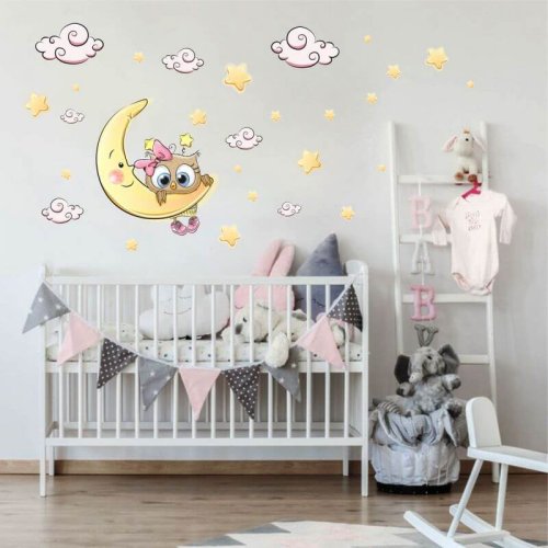 Sticker mural - Chouette rose sur la lune