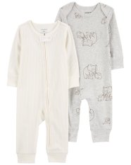 CARTER'S Pajacyk Gray Elephant + Ivory Stripe neutral MFL 2 szt. 9m/rozm. 74