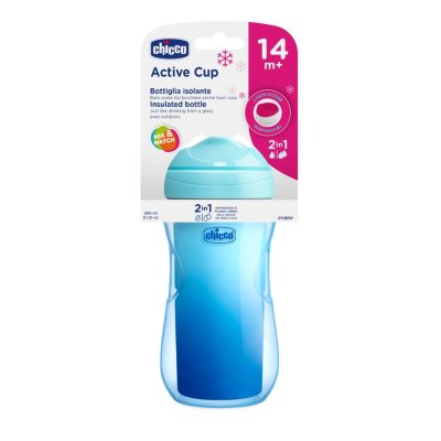 Kubek termiczny CHICCO Active z napojem 266 ml niebieski, gwiazdki 14m+