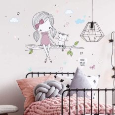 Стикери за детска стая - INSPIO фея на клон с коте в лилав дизайн