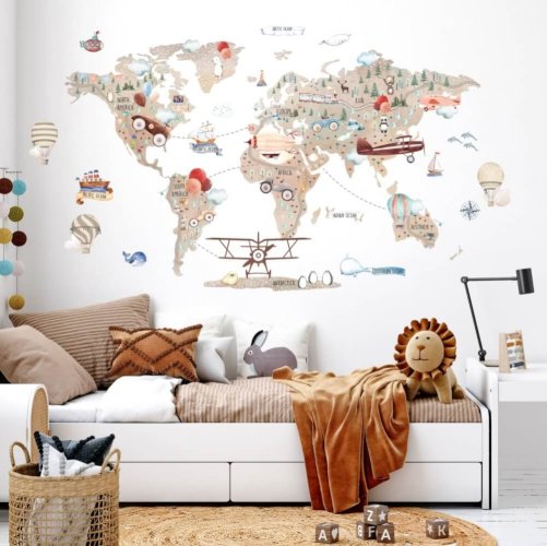 Children's Wall Stickers - Brown world map for little adventurers