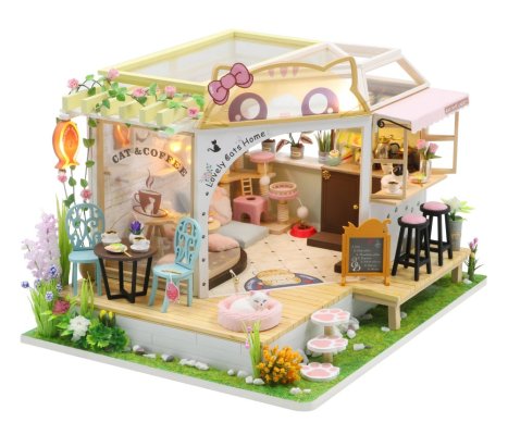 2Kids Toys Miniatura de casa de muñecas Cafetería para gatos con jardín