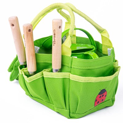 Bigjigs Toys Gartengeräte-Set im grünen Stoffbeutel