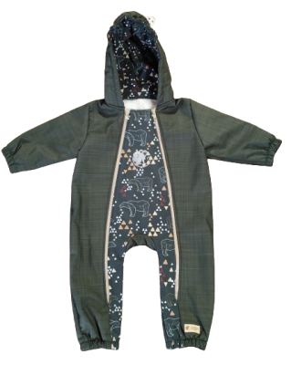 Monkey Mum® Softshell baby winteroverall met sherpa - Kaki jager met een beer - maat 62/68, 74/80