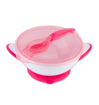BABYONO Zamykana miska z przyssawką i łyżeczką 300 ml różowa 6m+