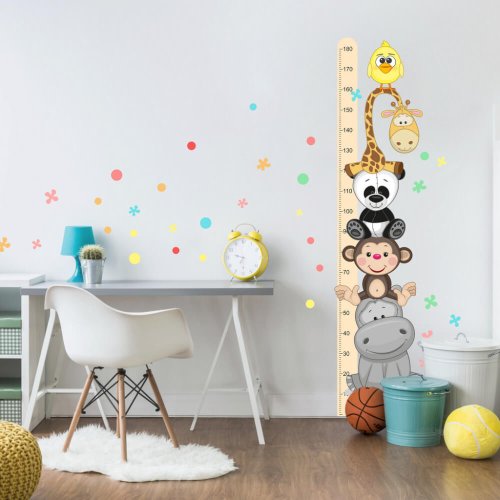 Стикери за детска стая - Оранжев детски метър с весели животни