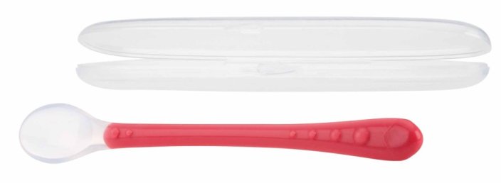 NUBY Cuillère en silicone avec long manche et emballage 1 pièce, 6 m+, rouge