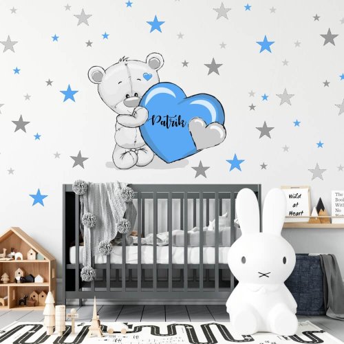 Boy's wall sticker - Teddy bear with stars in blue color