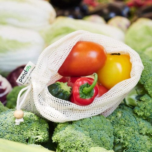 Мрежеста торбичка от органичен памук за плодове, зеленчуци и хляб комплект 7 бр