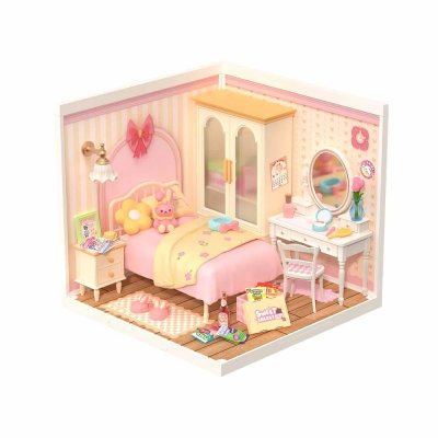 RoboTime 3D-Holzpuzzle Miniatur-Puppenhaus Rosa Zimmer