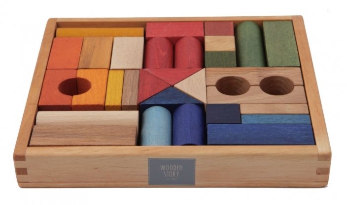 Wooden Story Würfel in einer Holzkiste - 30 Stück - Regenbogen