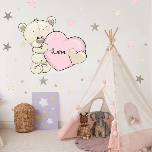 Stenska nalepka za punčko - medvedek z roza srčkom