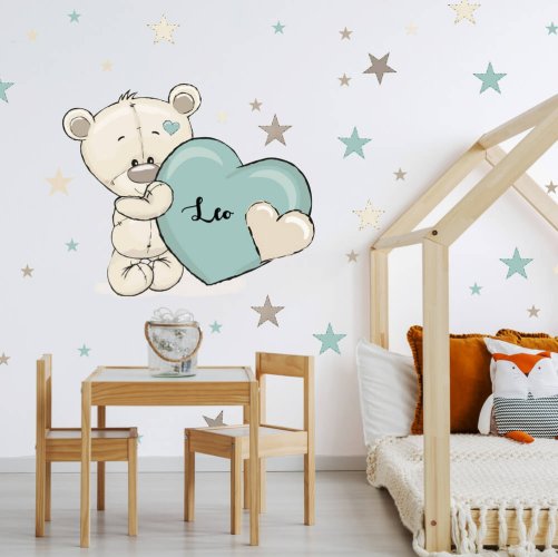 Sticker voor de jongenskamer - Teddybeer met een naam en een hart