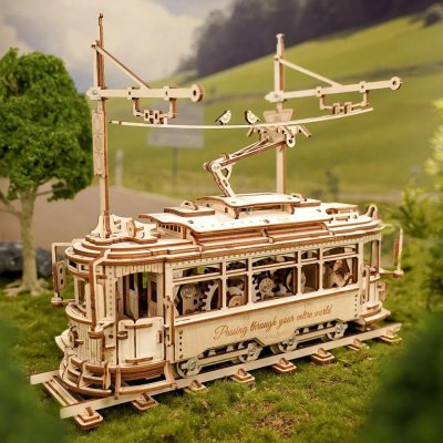 RoboTime Drewniane Mechaniczne Puzzle 3D Tramwaj