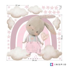 Sticker amovible au dessus du lit pour petite fille - Lapin avec un arc-en-ciel rose