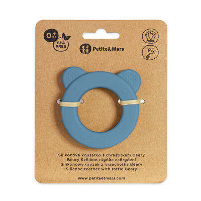 PETITE&MARS Massaggiagengive in silicone con sonaglio Beary Petrol Blue 0m+