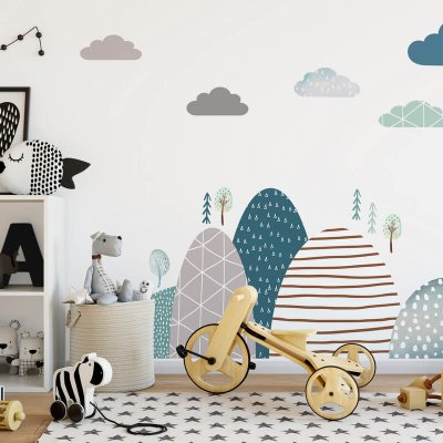 Blue wall stickers - Hills and clouds for the children's room for boys