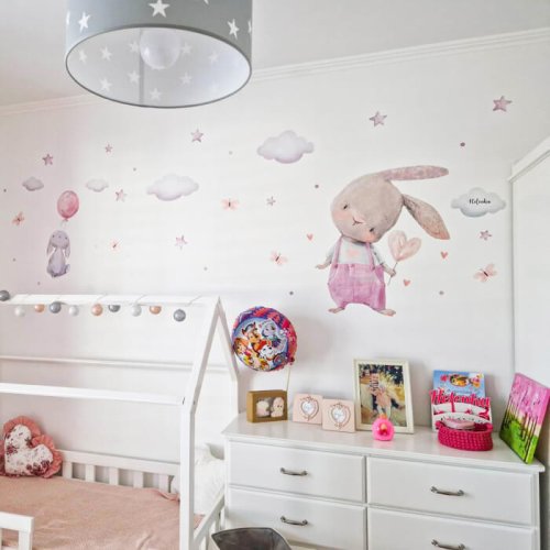 Vinilo removible para pared niña - Conejitos con globos