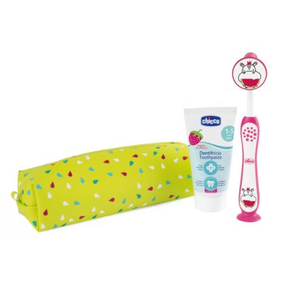 CHICCO Toothbrush and toothpaste set in a case - Hippo, 3yrs+