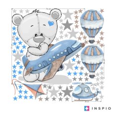 Vinilo decorativo para niños - Osito con avión azul