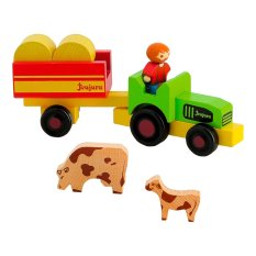 Jeujura Figurines en bois pour jeux de construction Fermier avec tracteur 7 pièces