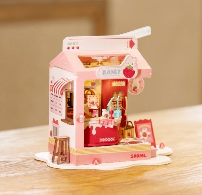 Puzzle 3D en bois RoboTime, miniature de maison, bar à lait Fraise