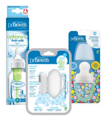 DR.BROWN'S Set biberon plastic 250 ml + Suzetă FreshFirst turcoaz + Periuță de dinți pentru degete