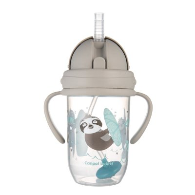 CANPOL BABIES Kubek niekapiący ze słomką i ciężarkiem Zwierzęta egzotyczne 270 ml szary, 6m+
