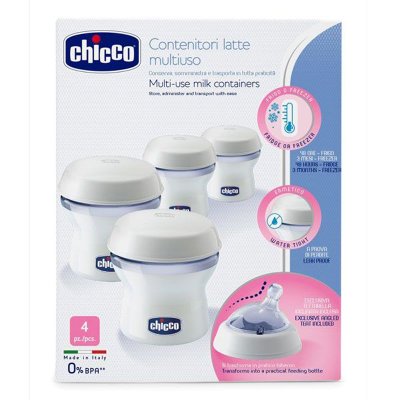 CHICCO Mehrzweckbehälter für Muttermilch mit Flaschenaufsatz Natural Feeling, 4 Stk