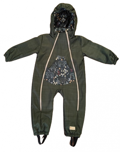 Monkey Mum® Winter-Softshell-Overall für Kinder mit Lamm – Khaki-Jäger mit Bär – Größe 86/92