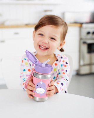 SKIP HOP Zoo Trinkflasche mit Strohhalm Edelstahl Narwal 12m+